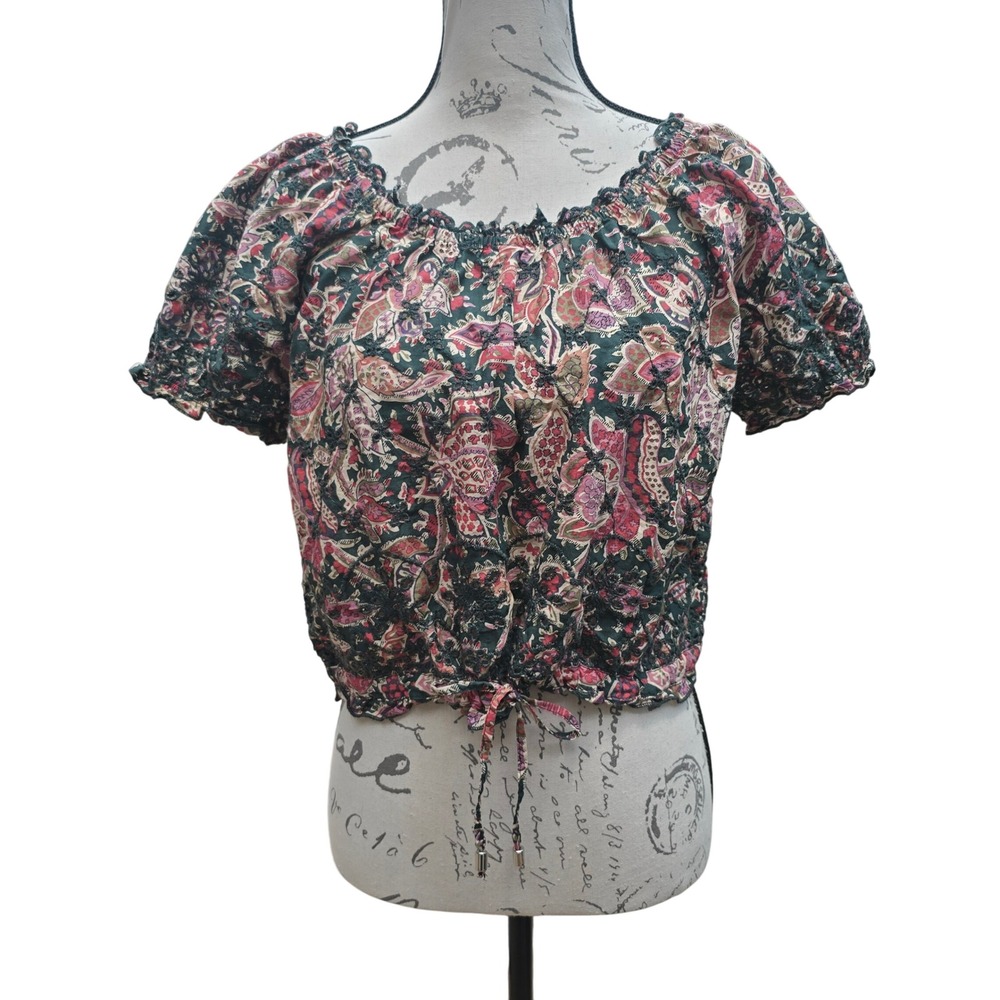 Jennifer & Grace -638 Floral Crop Top Peasant Blouse Tie‎ Front Boho Chic S